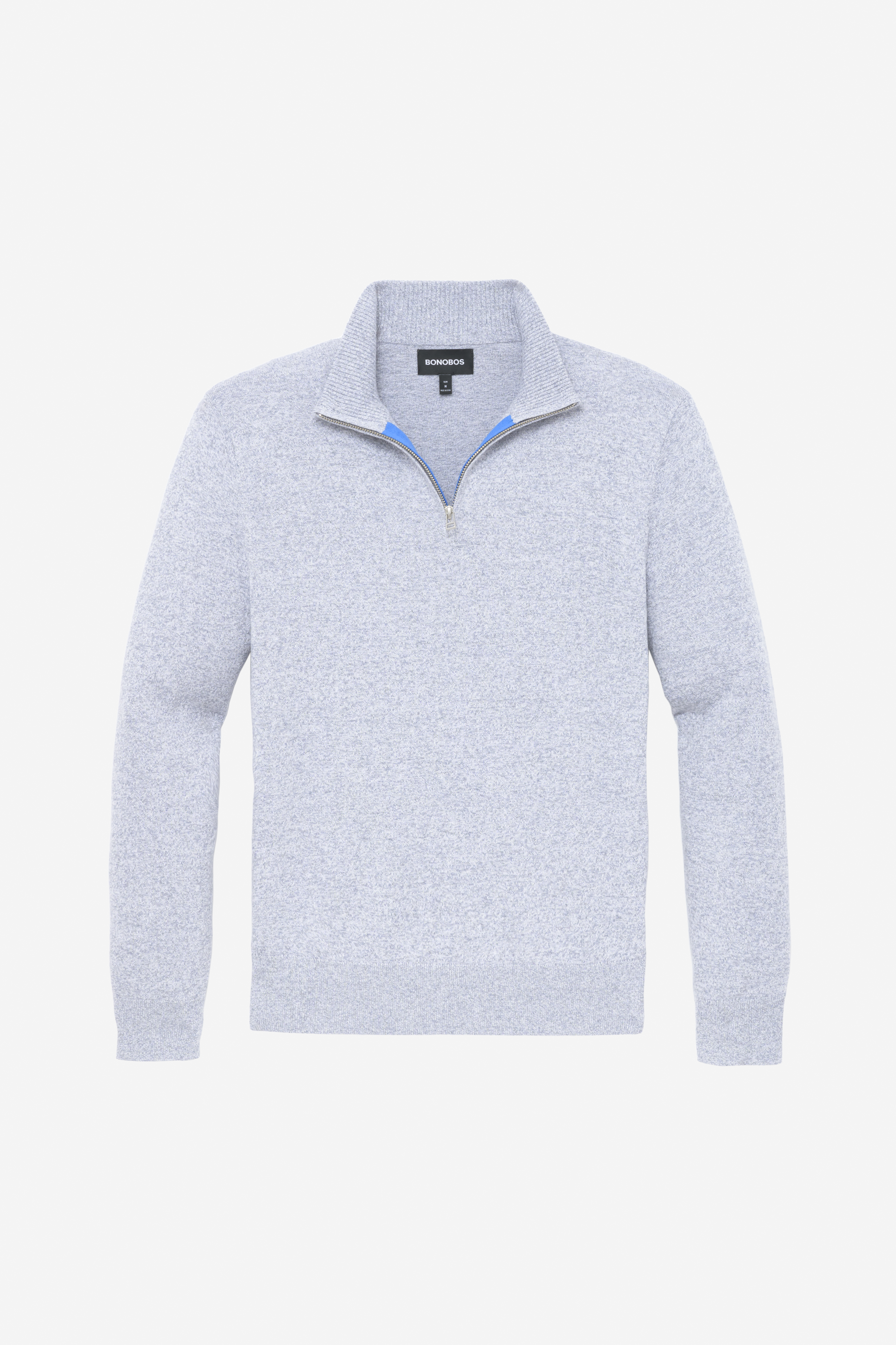 Bonobos cotton-cashmere half-zip sweater in grey heather with blue detail at zipper